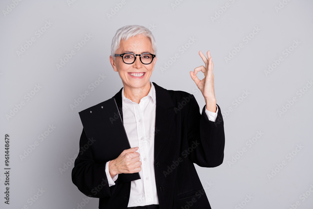 Canvas Prints Photo portrait of attractive mature woman professional ceo show okey dressed formalwear specs isolated on gray color background