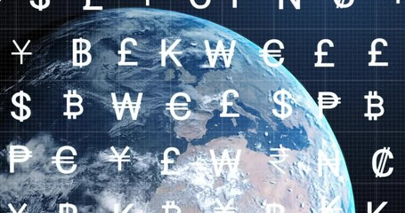 Currency symbols animation over Earth from space