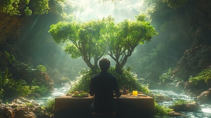 A man sitting at a table where the food comes to life, with broccoli trees growing from his plate and rivers of juice flowing from his cup. Hyper-realistic, high detail, photorealistic, surrealistic