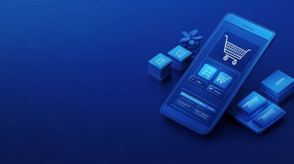 A 3D illustration showcasing a smartphone with an e-commerce platform interface, symbolizing global reach, online shopping, mobile commerce, user experience, and technology integration.