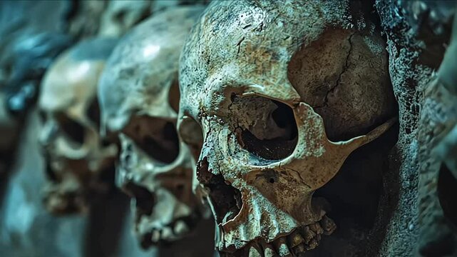 Pile of skulls with blue lighting that highlights their details
