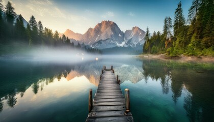A mountain lake at dawn, where soft mist hovers over calm, crystal-clear waters.