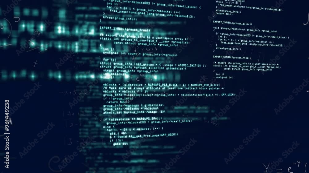 Poster Computer code and data processing animation over dark blue background
