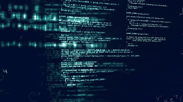 Computer code and data processing animation over dark blue background