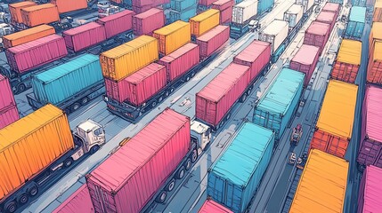 Fototapeta premium A pastel brightly colored drawing of AIcontrolled cargo ships and autonomous trucks at a busy port