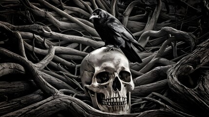 A black crow perched on top of a human skull. The skull is placed on a pile of dry trunks and branches.