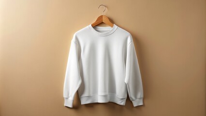 Soft white crewneck sweatshirt hangs effortlessly on a plain background, its simplicity contrasted by bold graphic