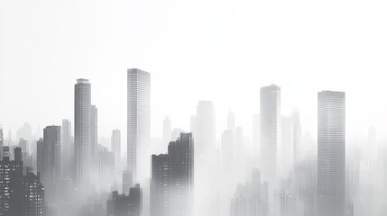 A black and white photograph capturing the silhouettes of skyscrapers in a foggy city. The image conveys a sense of mystery, urban density, and the fleeting nature of the moment.