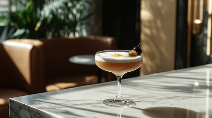 A beautifully crafted gourmet cocktail featuring a creamy, frothy top, delicate garnish, and served in a classic coupe glass. The setting evokes an upscale bar or lounge, suggesting a sophisticated an