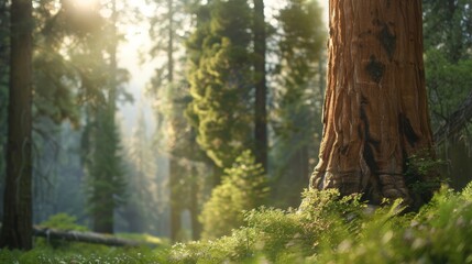 Obraz premium A large tree, sunlight filtering through its leaves, casting dappled patterns on the forest floor below, where sunlight reaches the grass