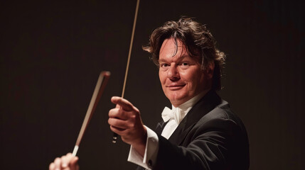 Expressive conductor guiding an orchestra with passion during an evening concert performance