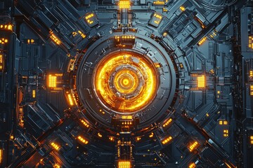 Obraz premium A top-down view of an advanced energy core, glowing with golden light and surrounded by intricate circuitry