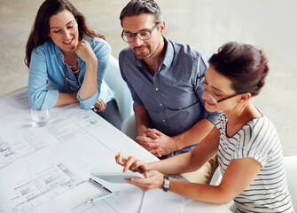 Business, people and happy with blueprint or tablet for planning a building design, layout and...