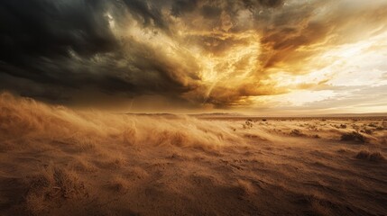 Fototapeta premium Dramatic Desert Sunset with Dust Storm and Golden Clouds