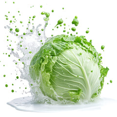 Fresh green cabbage splashing into water, showcasing vibrant colors and freshness, perfect for health and cooking themes.
