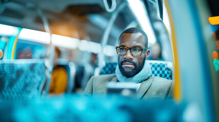 A well-dressed man sits on a bus, focused on his smartphone, as the city lights create a vibrant atmosphere around him during evening travel