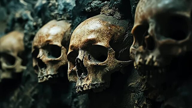 Pile of skulls with blue lighting that highlights their details