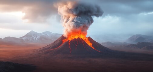 Fototapeta premium A powerful volcanic eruption with lava flowing and smoke billowing against a dramatic landscape, showcasing nature's raw energy.