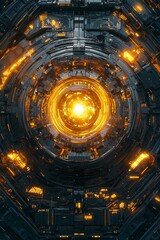 A top-down view of an advanced energy core, glowing with golden light and surrounded by intricate circuitry