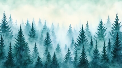 Fototapeta premium A serene forest landscape shrouded in mist, featuring tall evergreen trees and a tranquil atmosphere. Perfect for nature themes.