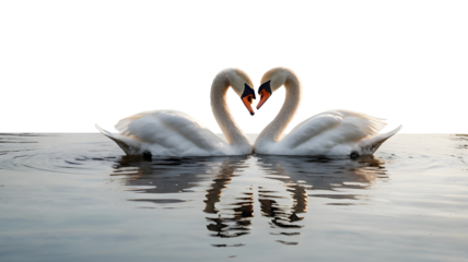Two white swans forming a heart shape in the pond isolated on transparent , white background png
