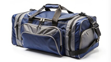 Naklejka premium Spacious sports duffel bag features multiple pockets for organization and an adjustable shoulder strap, set against a