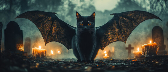 A mystical black cat with bat wings stands in foggy graveyard, surrounded by glowing candles and tombstones, creating an eerie atmosphere..