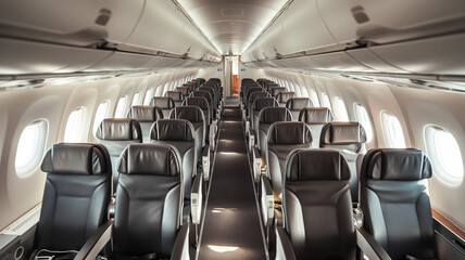 Fototapeta premium Inside of a airplane with empty seats. Transportation concept