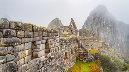  A stone wall faces a mountain backdrop, with a foggy sky overhead