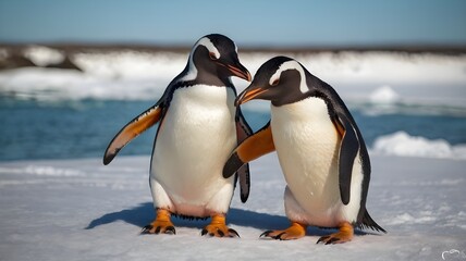 Obraz premium Two penguins standing together on snow, holding flippers in a heartwarming arctic scene