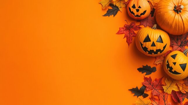 Halloween pumpkins and leaves on an orange background with copy space, top view. Halloween concept banner template design, high-resolution photography