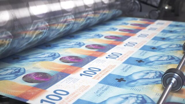 Printing money Swiss franc bills on a print machine in typography.. 3d