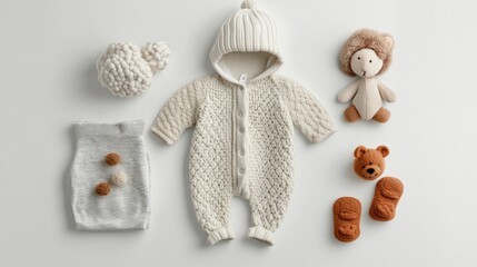 Top view of a newborn's outfit set, focusing on a cozy romper, with a hat, booties, and a small stuffed animal placed around it on a white background.