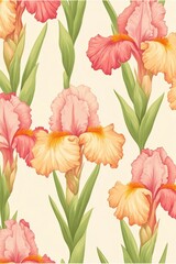 The seamless pattern features beautiful Iris flowers painted in watercolor