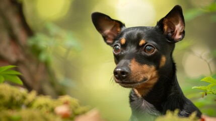  A tight shot of a small dog gazing intently at the camera in a forest, his expression grave