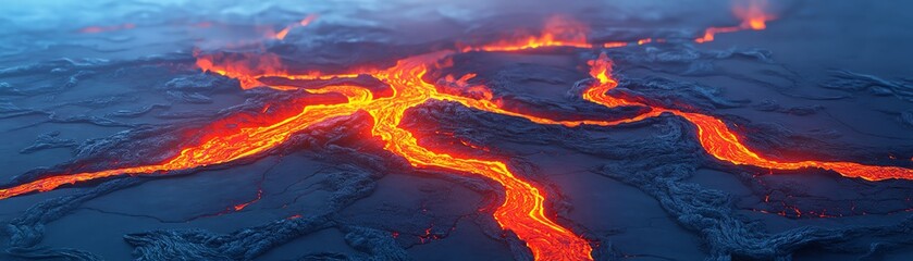 A stunning view of molten lava flowing across a volcanic landscape, showcasing the power and beauty of nature's forces.