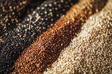 Black, brown and white sesame seeds arranged in rows.