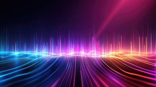 Vibrant digital sound waves in pink and blue hues create a mesmerizing visual effect. Ideal for music, technology, or abstract themes.