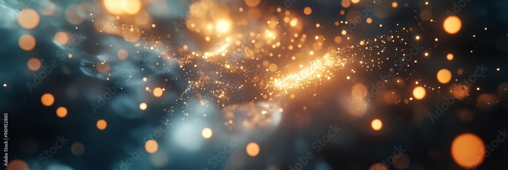 Poster a captivating abstract image featuring a mesmerizing swirl of gold dust and light bokeh particles, c