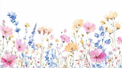 Watercolor wildflower field with a pattern of pink, blue, and yellow flowers along the border on a white background.