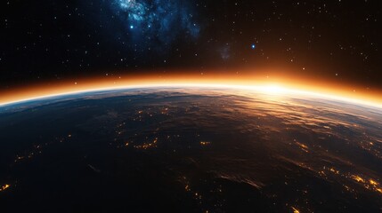 Obraz premium View of the planet Earth from space at night, with stars and a galaxy in the sky. 