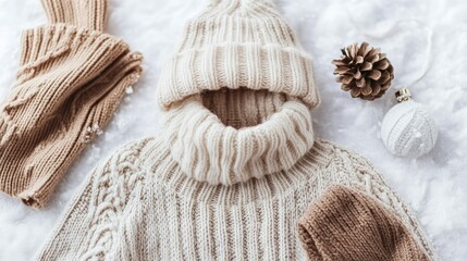 Top view of a set of women's winter wear, with a focal point on a cozy knit sweater, surrounded by a beanie, scarf, and gloves, on a snowy white surface.