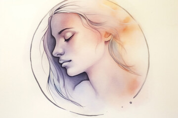Elegant side profile of a woman with long hair in a soft pastel drawing featuring subtle colors and gentle outlines