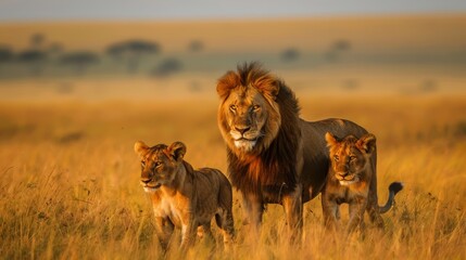  Two lions standing side by side in a tall grass field, background populated with various animals