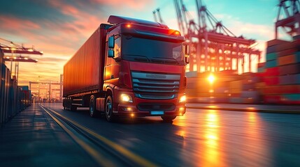 Fototapeta premium A vibrant sunset view of a red truck transporting goods at a bustling shipping port, reflecting the industrial hustle.