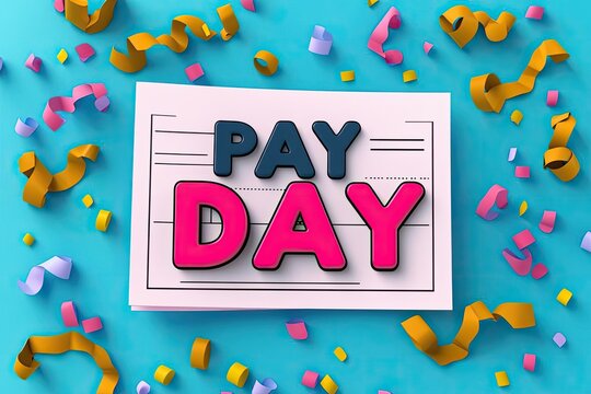 Celebrate pay day with colorful confetti and bold letters on a bright background, perfect for financial promotions.