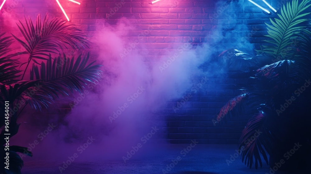 Poster a captivating image of an empty room with brick walls illuminated by vibrant neon lights, casting a 