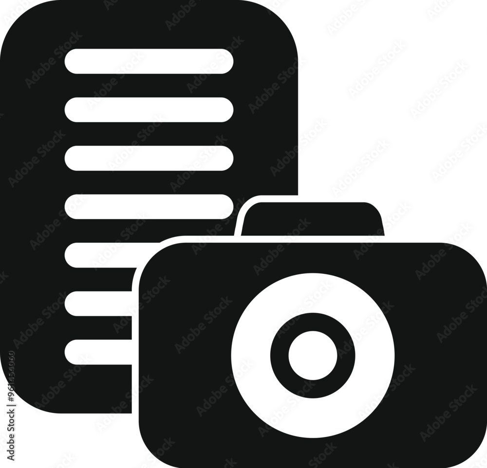 Poster black and white icon of a camera superimposed on a document, representing photo documentation