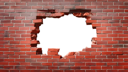 Old brick wall with a large hole in the middle. Abstract background in red and gray and with copy space.