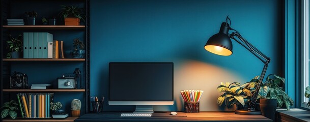 Modern Home Office Setup with Blue Wall and Desk Lamp